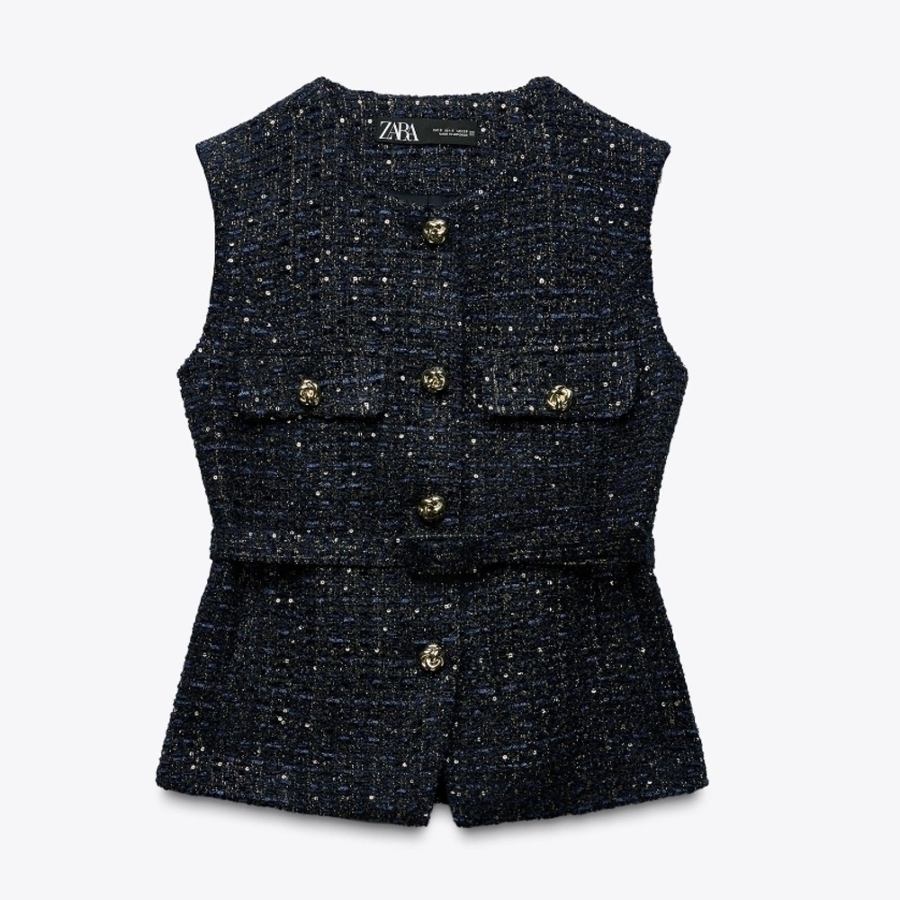 ✨ ZARA Blue & Gold Tweed Sleeveless Vest Top – Size Medium ✨ - Picture 2 of 6
